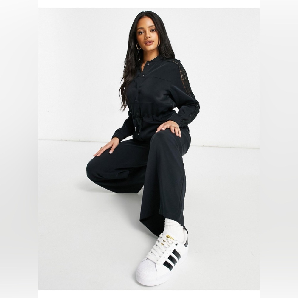 Adidas Originals Bellista Black Long Sleeve Lace Insert Wide-Leg Jumpsuit - Picture 5 of 8